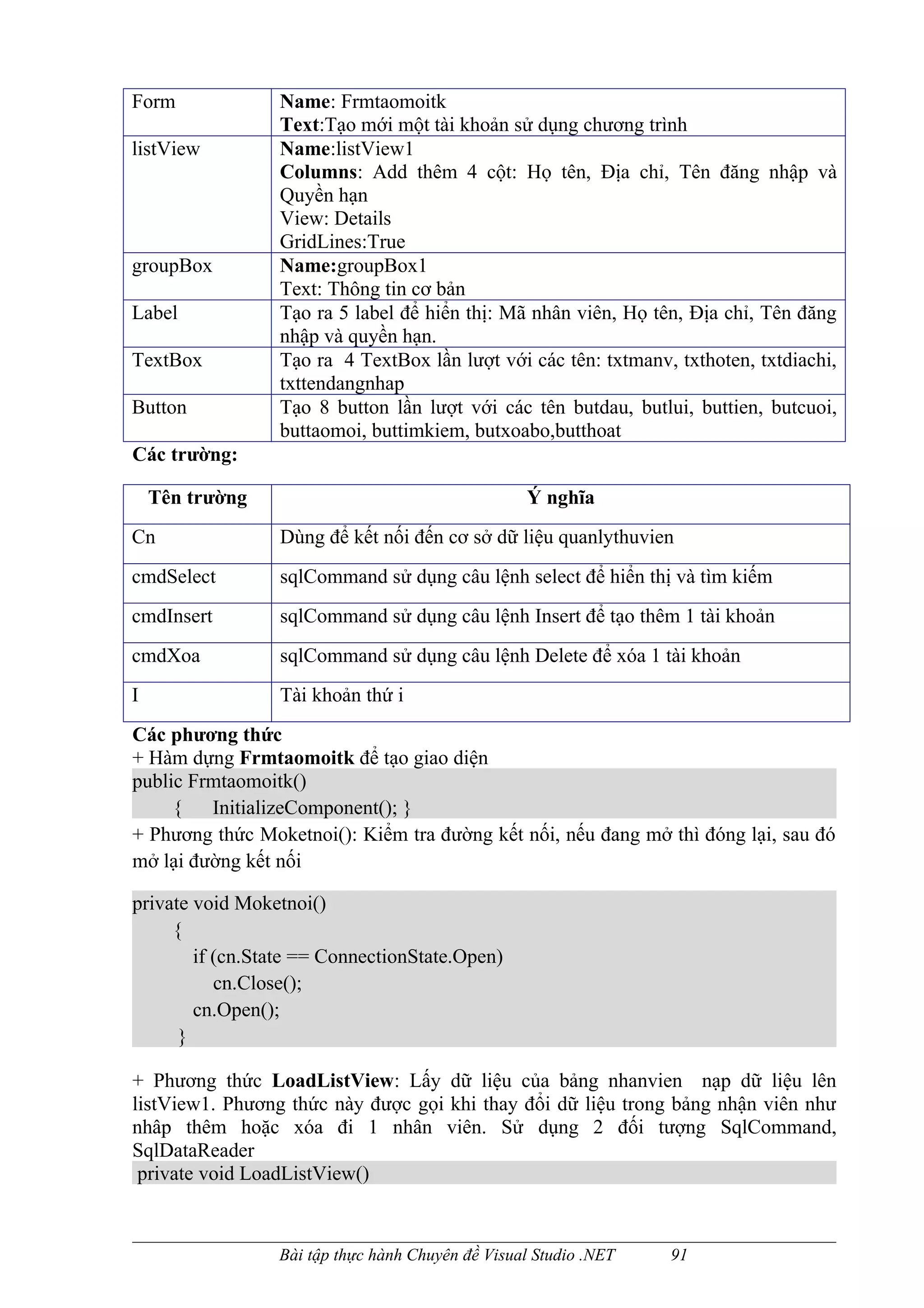 Form             Name: Frmtaomoitk
                 Text:Tạo mới một tài khoản sử dụng chương trình
listView         Name:listView1
                 Columns: Add thêm 4 cột: Họ tên, Địa chỉ, Tên đăng nhập và
                 Quyền hạn
                 View: Details
                 GridLines:True
groupBox         Name:groupBox1
                 Text: Thông tin cơ bản
Label            Tạo ra 5 label để hiển thị: Mã nhân viên, Họ tên, Địa chỉ, Tên đăng
                 nhập và quyền hạn.
TextBox          Tạo ra 4 TextBox lần lượt với các tên: txtmanv, txthoten, txtdiachi,
                 txttendangnhap
Button           Tạo 8 button lần lượt với các tên butdau, butlui, buttien, butcuoi,
                 buttaomoi, buttimkiem, butxoabo,butthoat
Các trường:

    Tên trường                                    Ý nghĩa
Cn               Dùng để kết nối đến cơ sở dữ liệu quanlythuvien
cmdSelect        sqlCommand sử dụng câu lệnh select để hiển thị và tìm kiếm
cmdInsert        sqlCommand sử dụng câu lệnh Insert để tạo thêm 1 tài khoản
cmdXoa           sqlCommand sử dụng câu lệnh Delete để xóa 1 tài khoản
I                Tài khoản thứ i
Các phương thức
+ Hàm dựng Frmtaomoitk để tạo giao diện
public Frmtaomoitk()
     { InitializeComponent(); }
+ Phương thức Moketnoi(): Kiểm tra đường kết nối, nếu đang mở thì đóng lại, sau đó
mở lại đường kết nối

private void Moketnoi()
     {
        if (cn.State == ConnectionState.Open)
           cn.Close();
        cn.Open();
      }

+ Phương thức LoadListView: Lấy dữ liệu của bảng nhanvien nạp dữ liệu lên
listView1. Phương thức này được gọi khi thay đổi dữ liệu trong bảng nhận viên như
nhâp thêm hoặc xóa đi 1 nhân viên. Sử dụng 2 đối tượng SqlCommand,
SqlDataReader
 private void LoadListView()


                 Bài tập thực hành Chuyên đề Visual Studio .NET   91
 