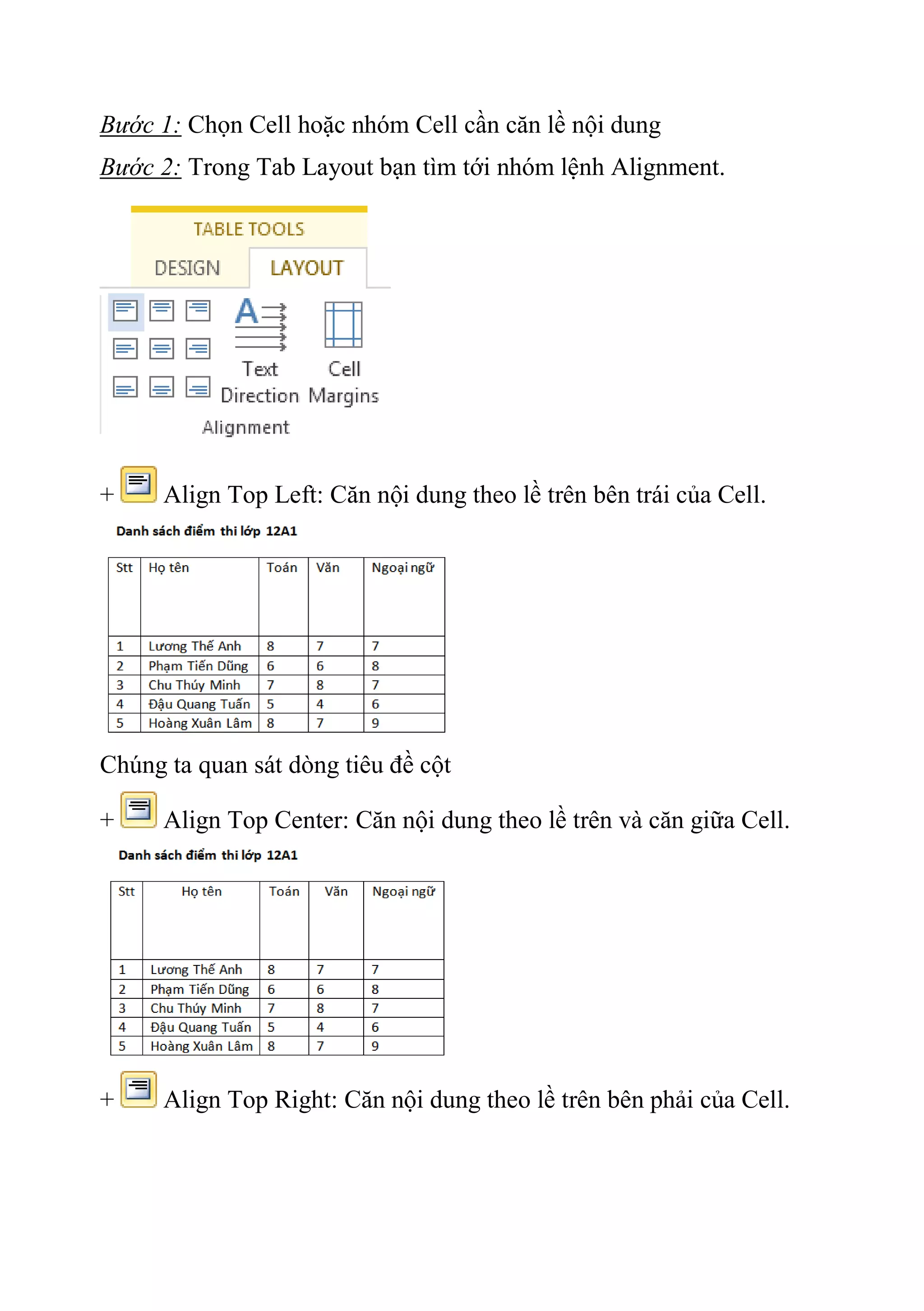Bước 1: Chọn Cell hoặc nhóm Cell cần căn lề nội dung
Bước 2: Trong Tab Layout bạn tìm tới nhóm lệnh Alignment.
+ Align Top Left: Căn nội dung theo lề trên bên trái của Cell.
Chúng ta quan sát dòng tiêu đề cột
+ Align Top Center: Căn nội dung theo lề trên và căn giữa Cell.
+ Align Top Right: Căn nội dung theo lề trên bên phải của Cell.
 