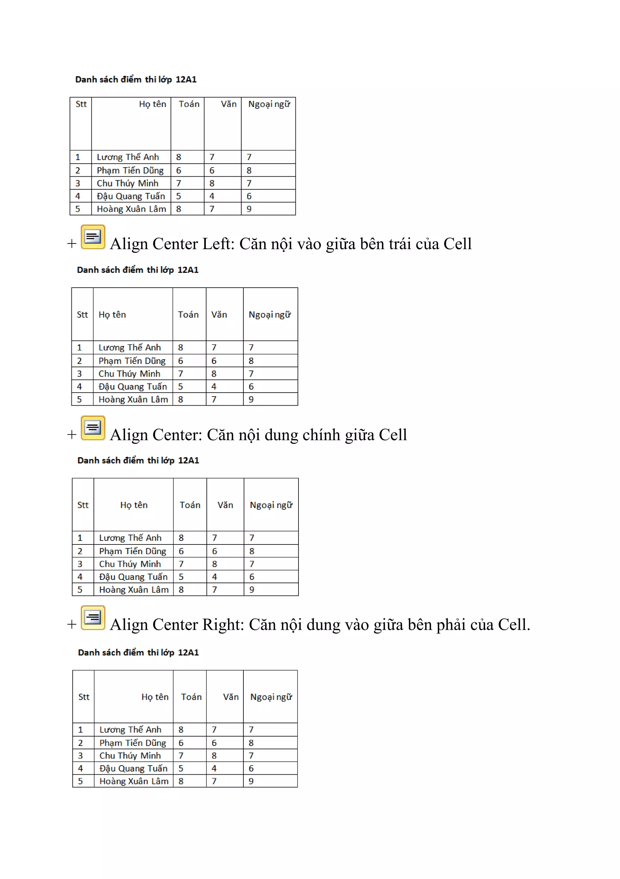 + Align Center Left: Căn nội vào giữa bên trái của Cell
+ Align Center: Căn nội dung chính giữa Cell
+ Align Center Right: Căn nội dung vào giữa bên phải của Cell.
 