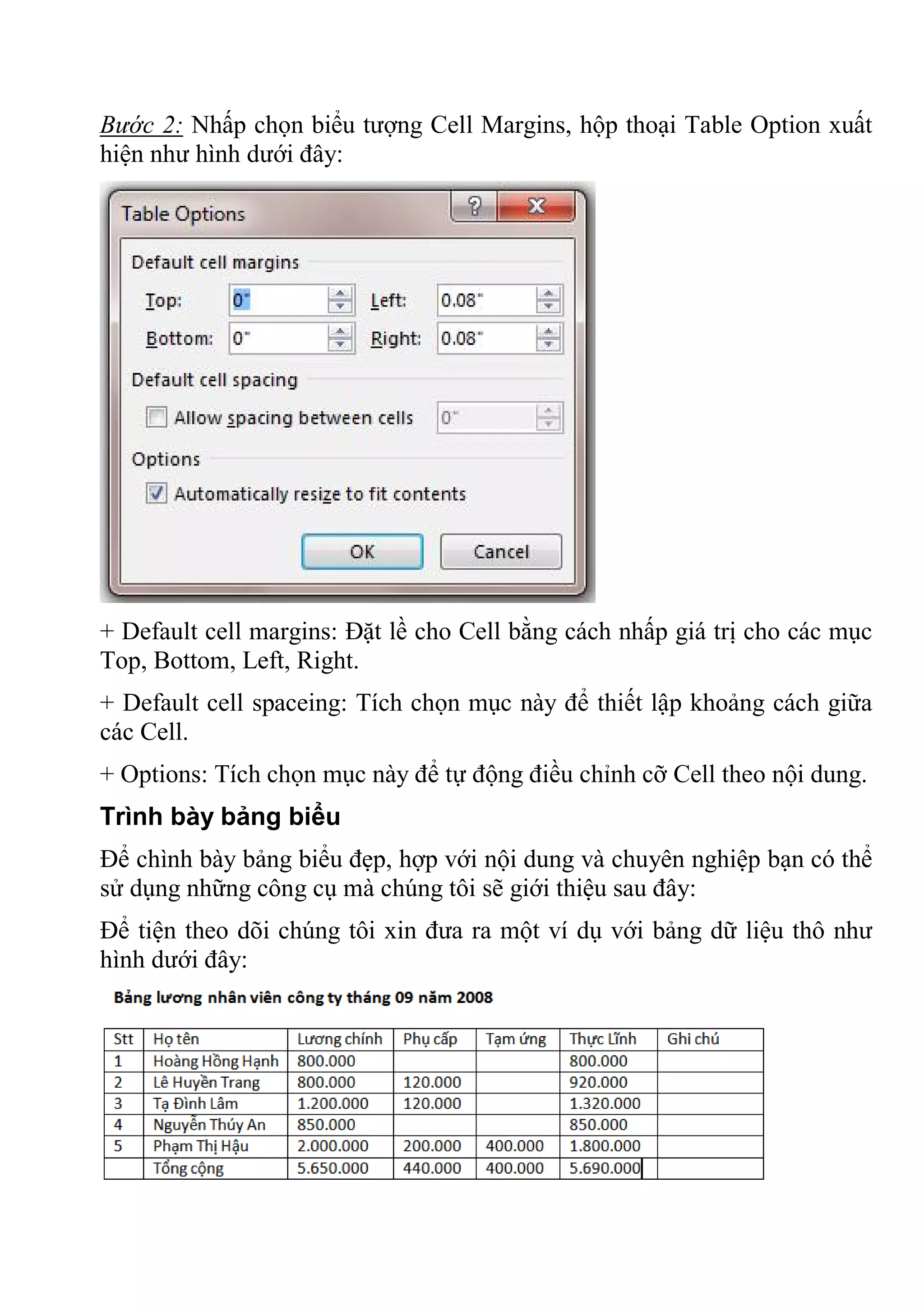 Bước 2: Nhấp chọn biểu tượng Cell Margins, hộp thoại Table Option xuất
hiện như hình dưới đây:
+ Default cell margins: Đặt lề cho Cell bằng cách nhấp giá trị cho các mục
Top, Bottom, Left, Right.
+ Default cell spaceing: Tích chọn mục này để thiết lập khoảng cách giữa
các Cell.
+ Options: Tích chọn mục này để tự động điều chỉnh cỡ Cell theo nội dung.
Trình bày bảng biểu
Để chình bày bảng biểu đẹp, hợp với nội dung và chuyên nghiệp bạn có thể
sử dụng những công cụ mà chúng tôi sẽ giới thiệu sau đây:
Để tiện theo dõi chúng tôi xin đưa ra một ví dụ với bảng dữ liệu thô như
hình dưới đây:
 