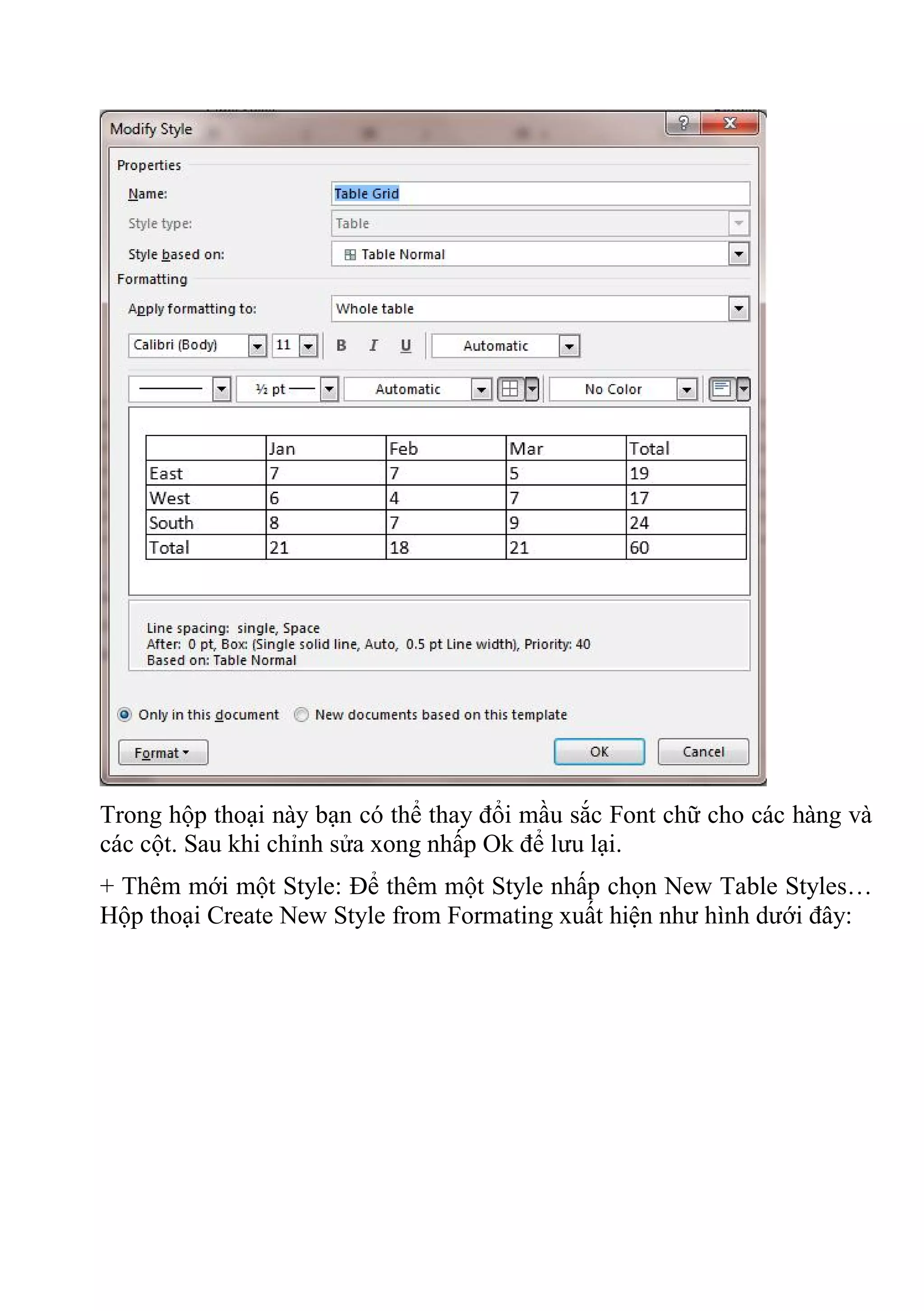 Trong hộp thoại này bạn có thể thay đổi mầu sắc Font chữ cho các hàng và
các cột. Sau khi chỉnh sửa xong nhấp Ok để lưu lại.
+ Thêm mới một Style: Để thêm một Style nhấp chọn New Table Styles…
Hộp thoại Create New Style from Formating xuất hiện như hình dưới đây:
 
