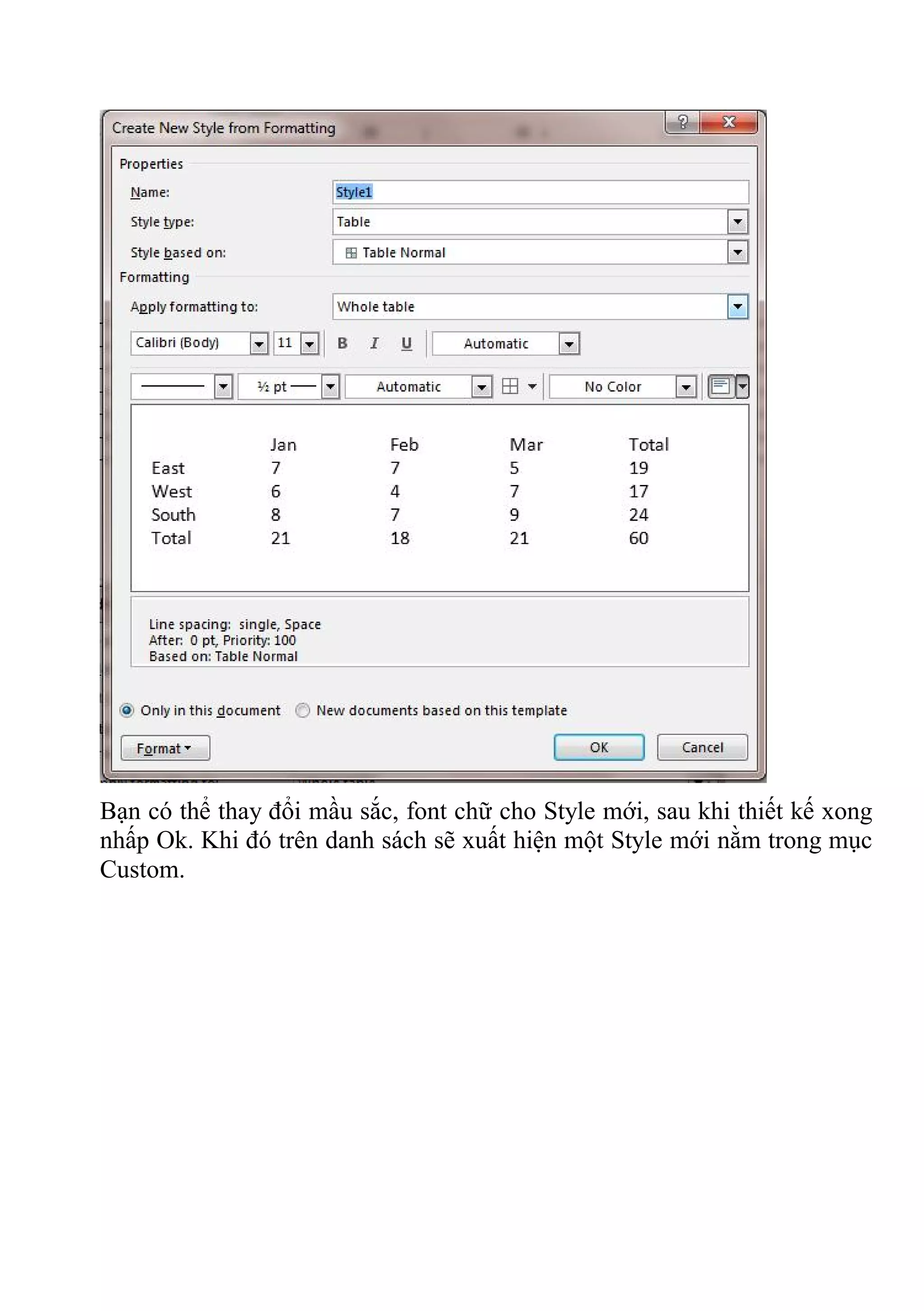 Bạn có thể thay đổi mầu sắc, font chữ cho Style mới, sau khi thiết kế xong
nhấp Ok. Khi đó trên danh sách sẽ xuất hiện một Style mới nằm trong mục
Custom.
 