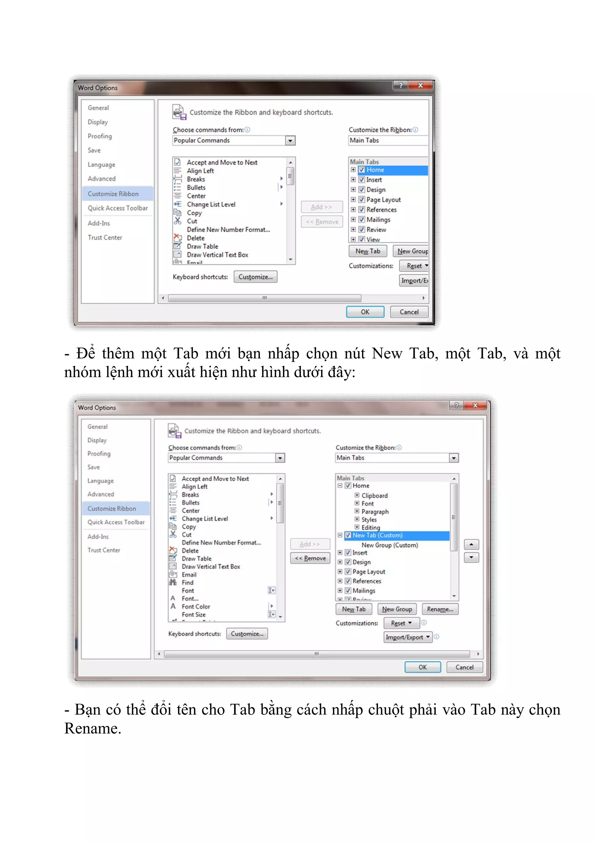 - Để thêm một Tab mới bạn nhấp chọn nút New Tab, một Tab, và một
nhóm lệnh mới xuất hiện như hình dưới đây:
- Bạn có thể đổi tên cho Tab bằng cách nhấp chuột phải vào Tab này chọn
Rename.
 