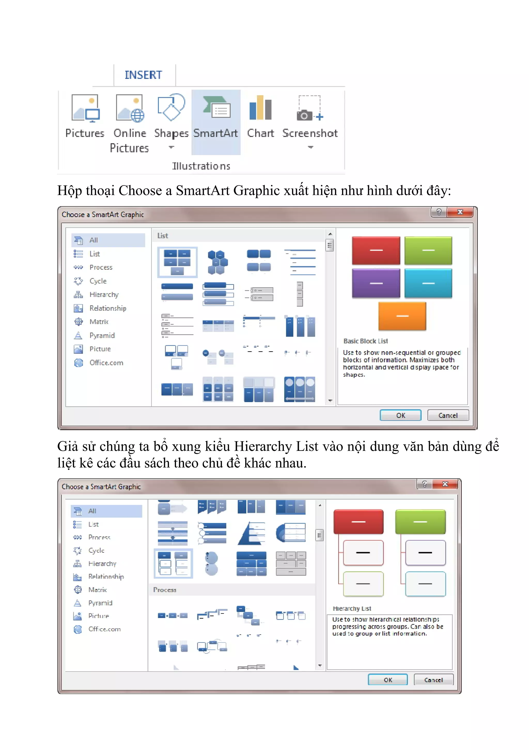Hộp thoại Choose a SmartArt Graphic xuất hiện như hình dưới đây:
Giả sử chúng ta bổ xung kiểu Hierarchy List vào nội dung văn bản dùng để
liệt kê các đầu sách theo chủ đề khác nhau.
 
