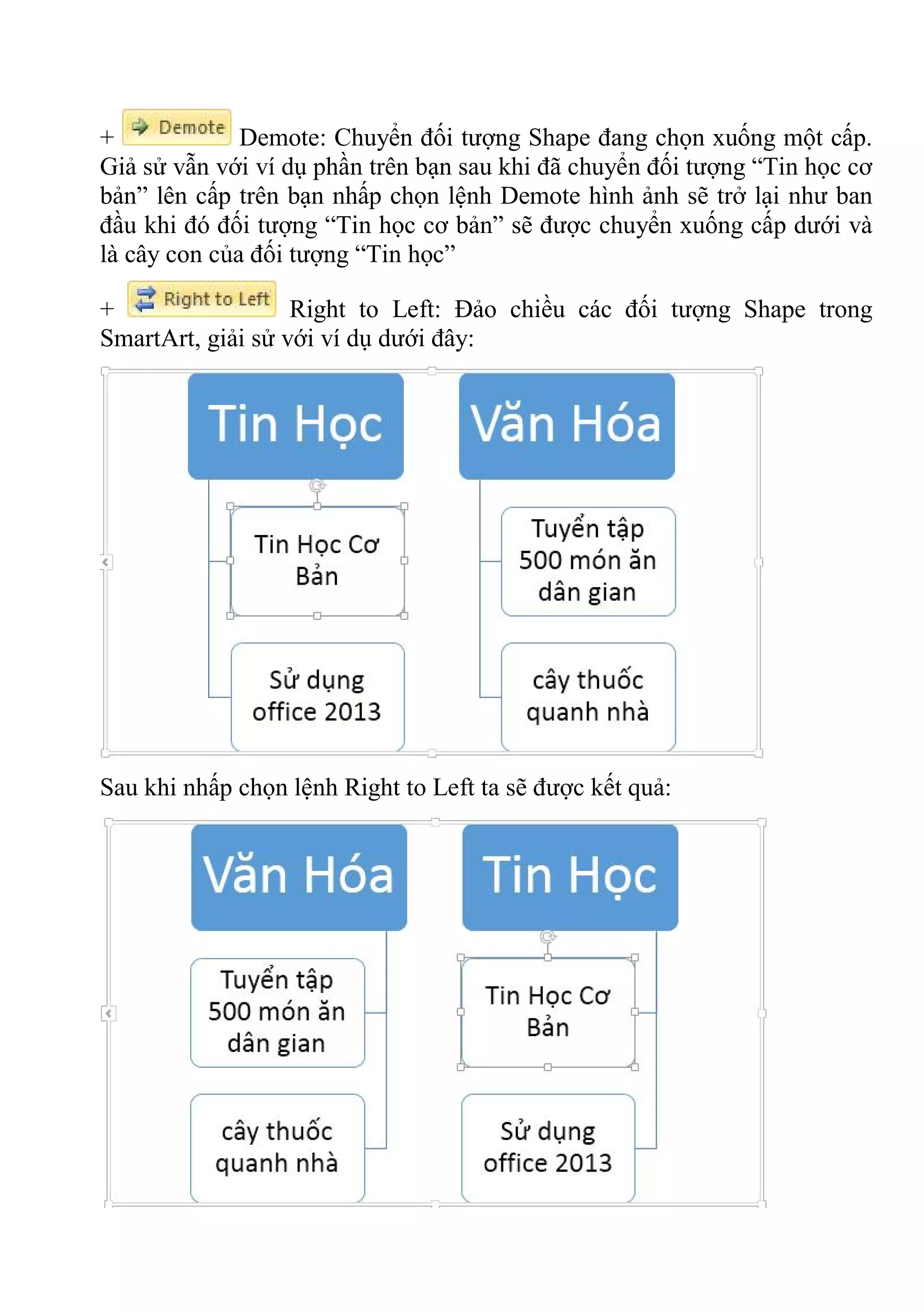 + Demote: Chuyển đối tượng Shape đang chọn xuống một cấp.
Giả sử vẫn với ví dụ phần trên bạn sau khi đã chuyển đối tượng “Tin học cơ
bản” lên cấp trên bạn nhấp chọn lệnh Demote hình ảnh sẽ trở lại như ban
đầu khi đó đối tượng “Tin học cơ bản” sẽ được chuyển xuống cấp dưới và
là cây con của đối tượng “Tin học”
+ Right to Left: Đảo chiều các đối tượng Shape trong
SmartArt, giải sử với ví dụ dưới đây:
Sau khi nhấp chọn lệnh Right to Left ta sẽ được kết quả:
 