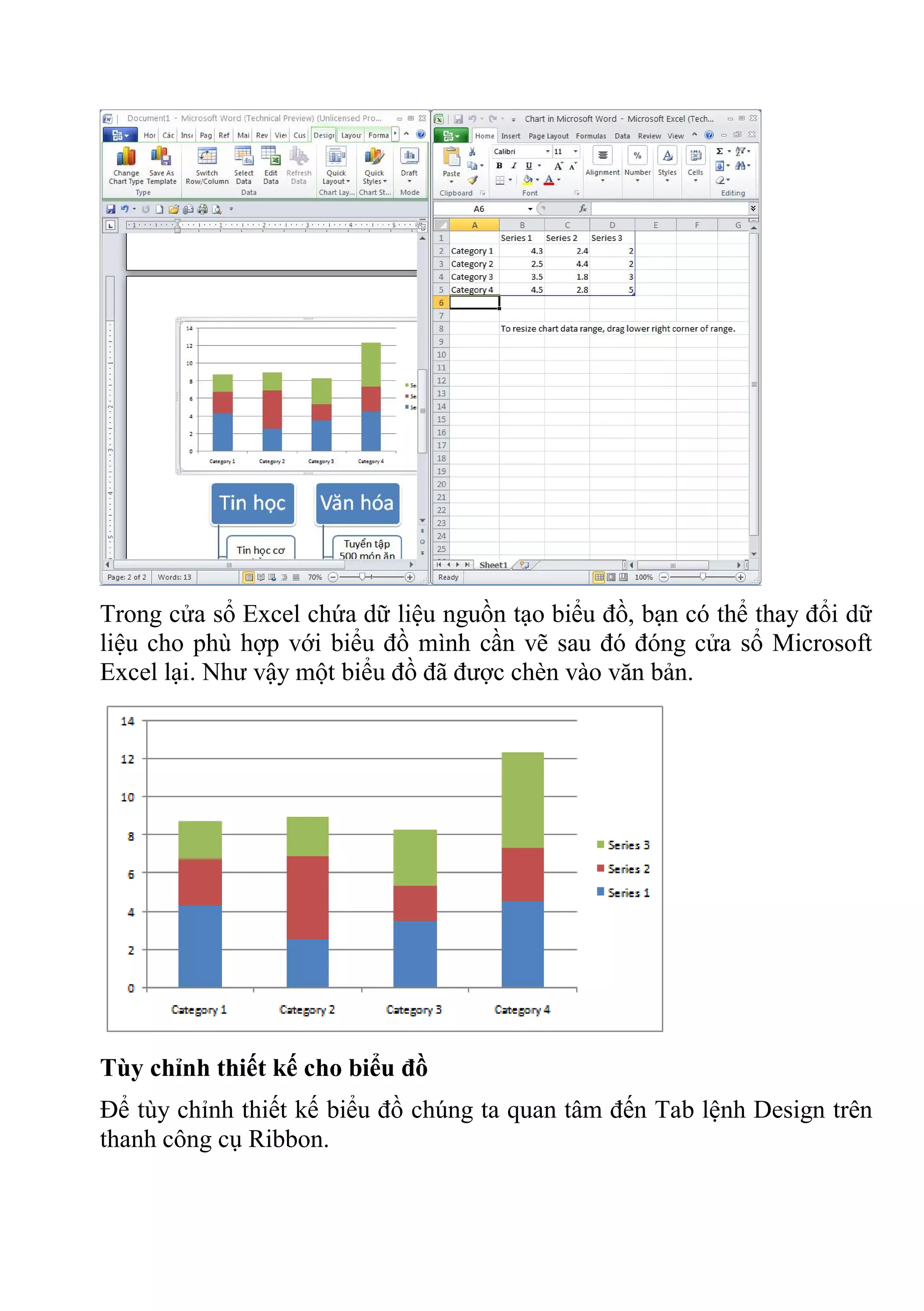 Trong cửa sổ Excel chứa dữ liệu nguồn tạo biểu đồ, bạn có thể thay đổi dữ
liệu cho phù hợp với biểu đồ mình cần vẽ sau đó đóng cửa sổ Microsoft
Excel lại. Như vậy một biểu đồ đã được chèn vào văn bản.
Tùy chỉnh thiết kế cho biểu đồ
Để tùy chỉnh thiết kế biểu đồ chúng ta quan tâm đến Tab lệnh Design trên
thanh công cụ Ribbon.
 