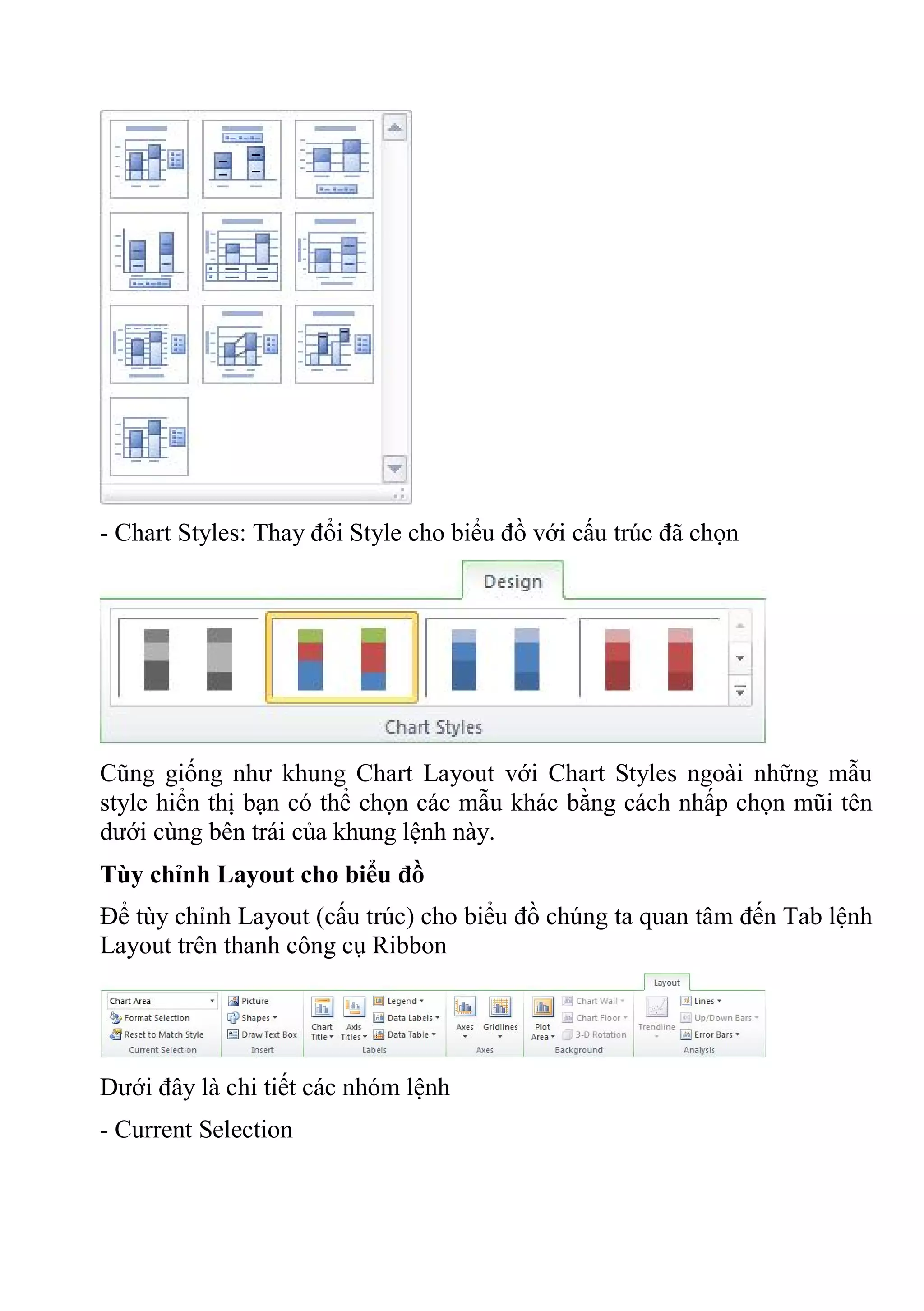 - Chart Styles: Thay đổi Style cho biểu đồ với cấu trúc đã chọn
Cũng giống như khung Chart Layout với Chart Styles ngoài những mẫu
style hiển thị bạn có thể chọn các mẫu khác bằng cách nhấp chọn mũi tên
dưới cùng bên trái của khung lệnh này.
Tùy chỉnh Layout cho biểu đồ
Để tùy chỉnh Layout (cấu trúc) cho biểu đồ chúng ta quan tâm đến Tab lệnh
Layout trên thanh công cụ Ribbon
Dưới đây là chi tiết các nhóm lệnh
- Current Selection
 