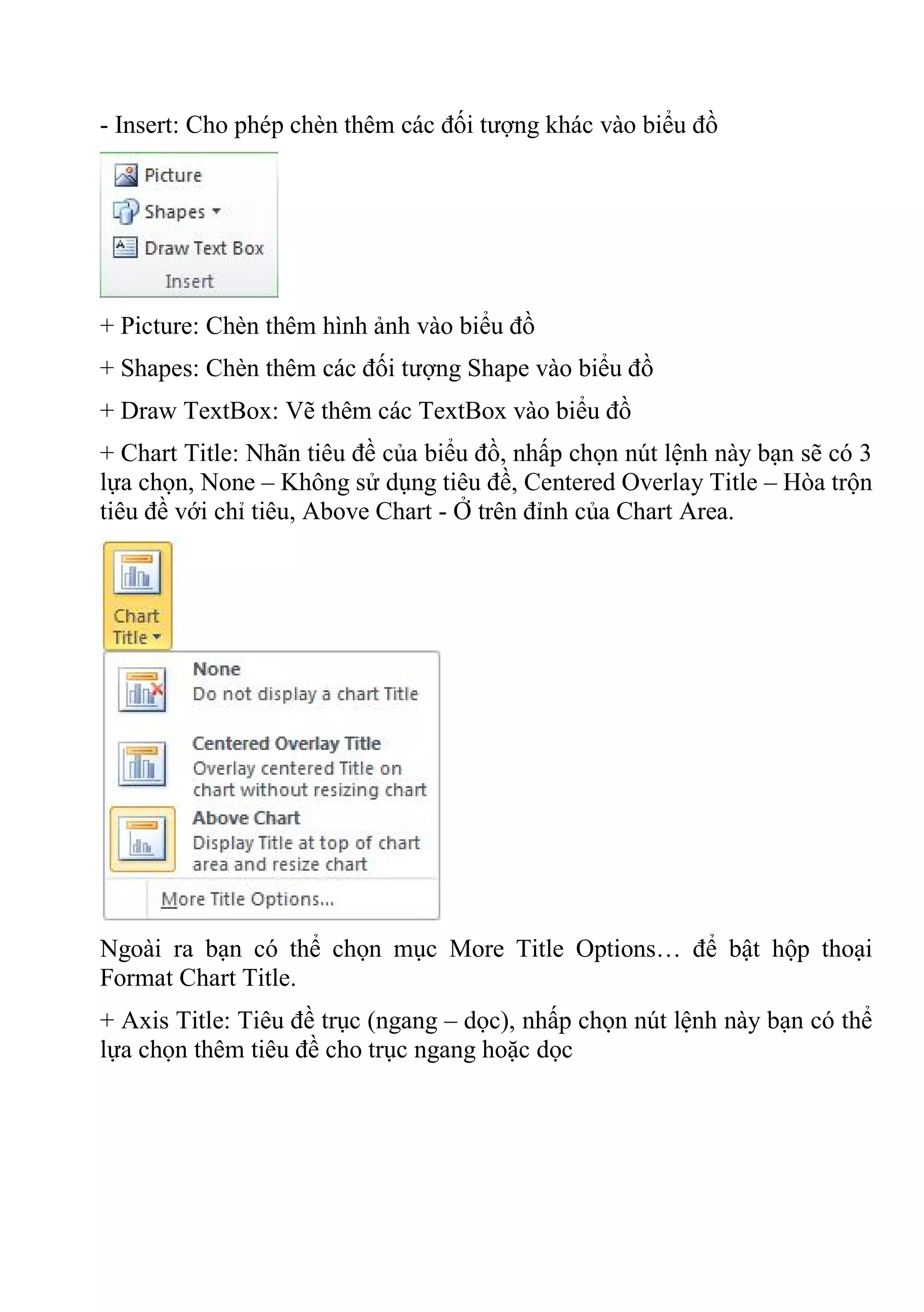 - Insert: Cho phép chèn thêm các đối tượng khác vào biểu đồ
+ Picture: Chèn thêm hình ảnh vào biểu đồ
+ Shapes: Chèn thêm các đối tượng Shape vào biểu đồ
+ Draw TextBox: Vẽ thêm các TextBox vào biểu đồ
+ Chart Title: Nhãn tiêu đề của biểu đồ, nhấp chọn nút lệnh này bạn sẽ có 3
lựa chọn, None – Không sử dụng tiêu đề, Centered Overlay Title – Hòa trộn
tiêu đề với chỉ tiêu, Above Chart - Ở trên đỉnh của Chart Area.
Ngoài ra bạn có thể chọn mục More Title Options… để bật hộp thoại
Format Chart Title.
+ Axis Title: Tiêu đề trục (ngang – dọc), nhấp chọn nút lệnh này bạn có thể
lựa chọn thêm tiêu đề cho trục ngang hoặc dọc
 
