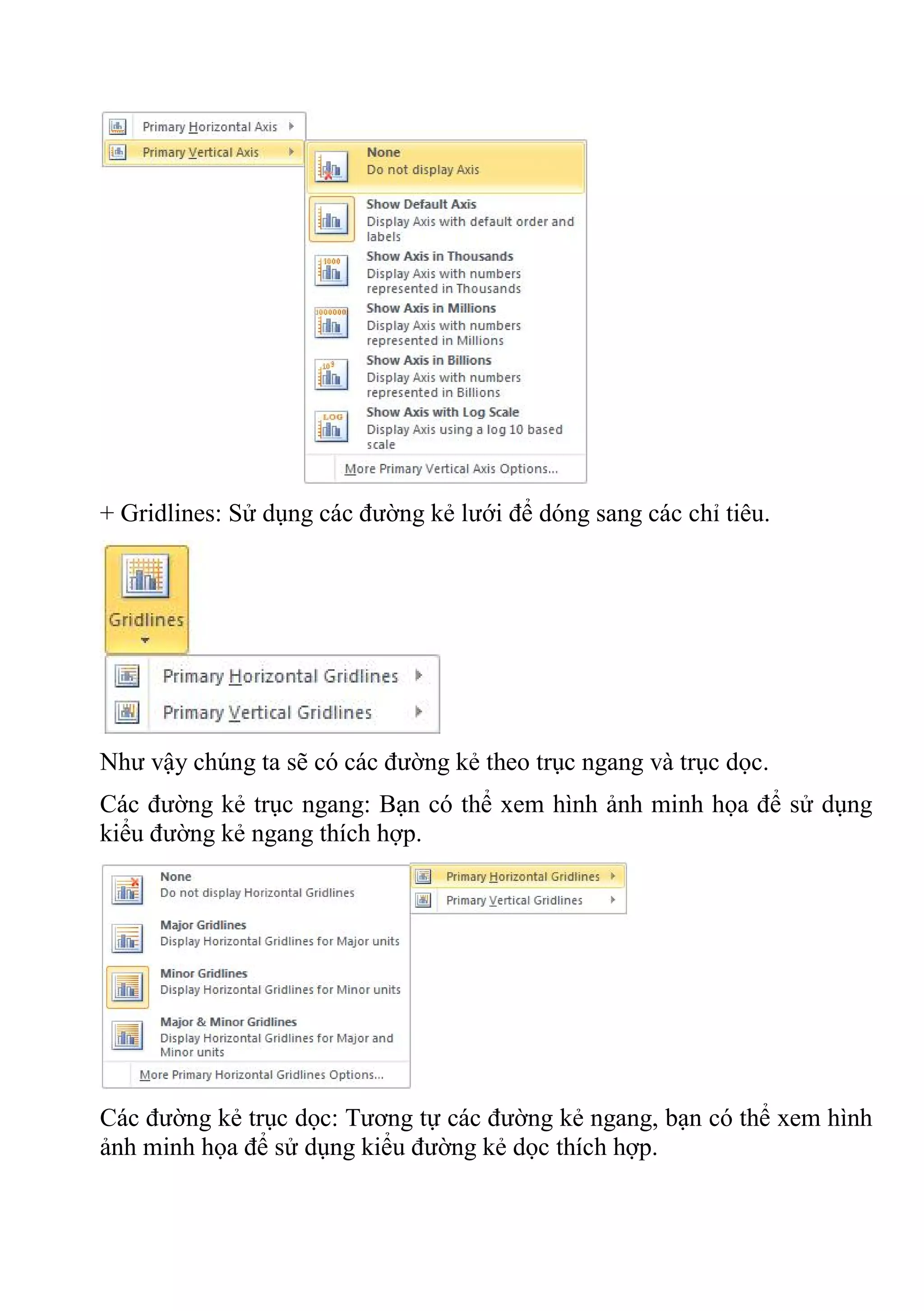 + Gridlines: Sử dụng các đường kẻ lưới để dóng sang các chỉ tiêu.
Như vậy chúng ta sẽ có các đường kẻ theo trục ngang và trục dọc.
Các đường kẻ trục ngang: Bạn có thể xem hình ảnh minh họa để sử dụng
kiểu đường kẻ ngang thích hợp.
Các đường kẻ trục dọc: Tương tự các đường kẻ ngang, bạn có thể xem hình
ảnh minh họa để sử dụng kiểu đường kẻ dọc thích hợp.
 