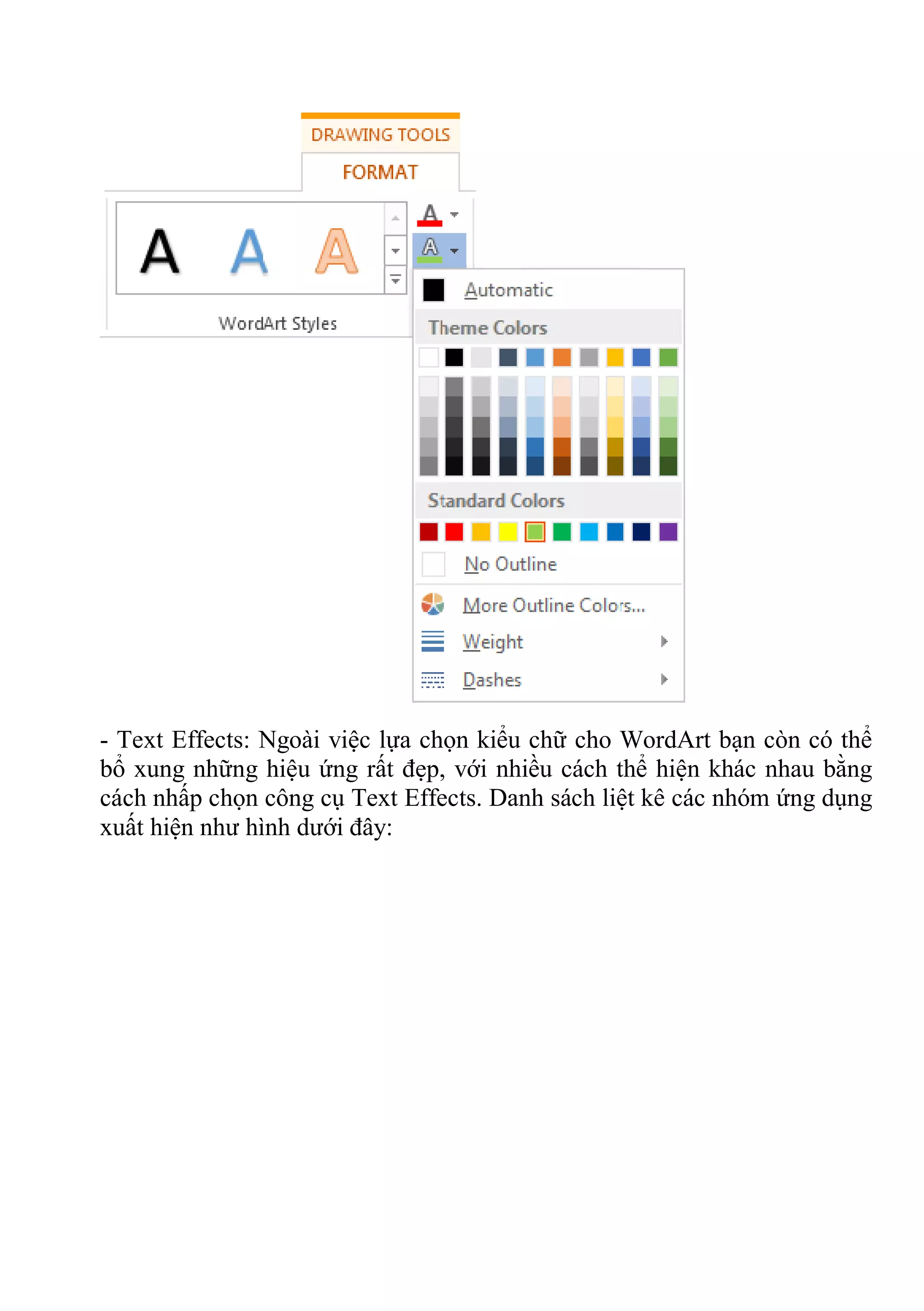 - Text Effects: Ngoài việc lựa chọn kiểu chữ cho WordArt bạn còn có thể
bổ xung những hiệu ứng rất đẹp, với nhiều cách thể hiện khác nhau bằng
cách nhấp chọn công cụ Text Effects. Danh sách liệt kê các nhóm ứng dụng
xuất hiện như hình dưới đây:
 