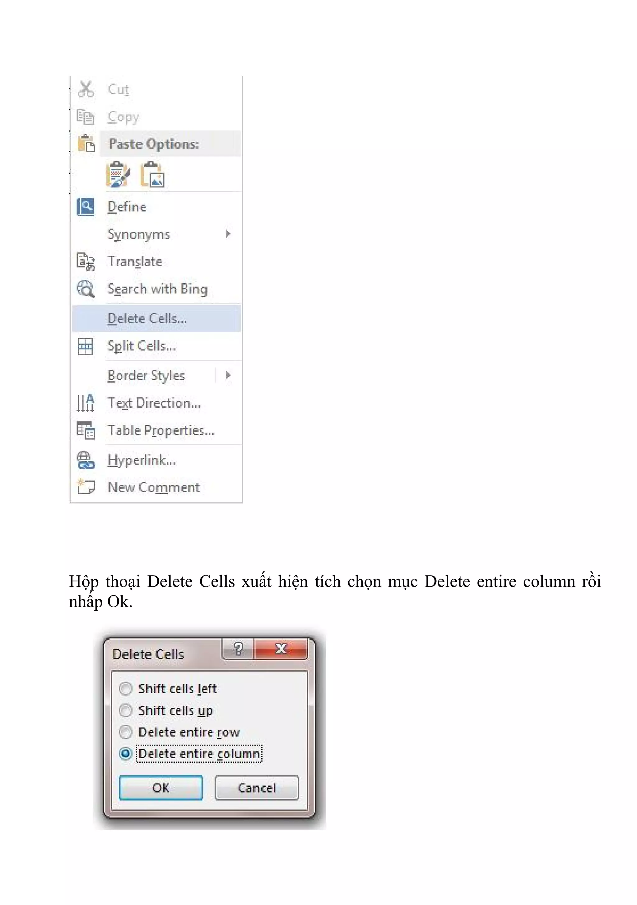 Hộp thoại Delete Cells xuất hiện tích chọn mục Delete entire column rồi
nhấp Ok.
 