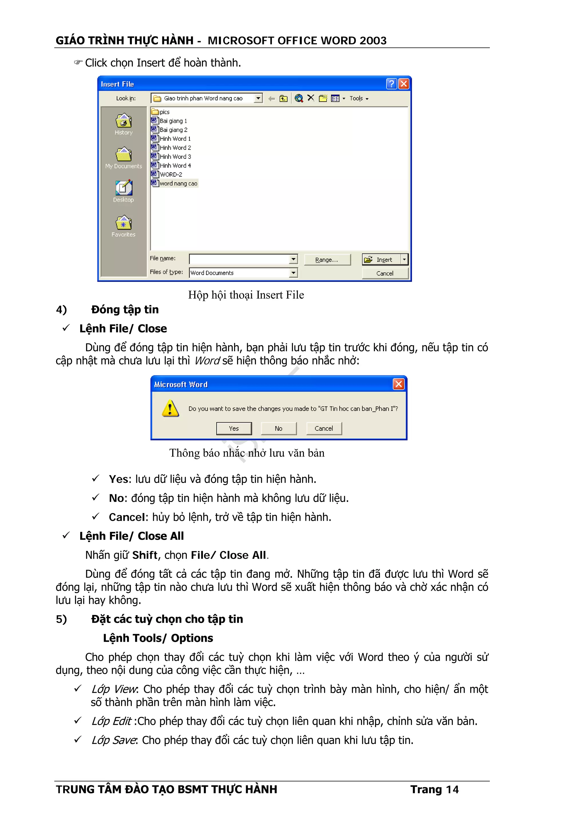 GIÁO TRÌNH THỰC HÀNH - MICROSOFT OFFICE WORD 2003
TRUNG TÂM ĐÀO TẠO BSMT THỰC HÀNH Trang 14
 Click chọn Insert để hoàn thành.
4) Đóng tập tin
 Lệnh File/ Close
Dùng để đóng tập tin hiện hành, bạn phải lưu tập tin trước khi đóng, nếu tập tin có
cập nhật mà chưa lưu lại thì Word sẽ hiện thông báo nhắc nhở:
 Yes: lưu dữ liệu và đóng tập tin hiện hành.
 No: đóng tập tin hiện hành mà không lưu dữ liệu.
 Cancel: hủy bỏ lệnh, trở về tập tin hiện hành.
 Lệnh File/ Close All
Nhấn giữ Shift, chọn File/ Close All.
Dùng để đóng tất cả các tập tin đang mở. Những tập tin đã được lưu thì Word sẽ
đóng lại, những tập tin nào chưa lưu thì Word sẽ xuất hiện thông báo và chờ xác nhận có
lưu lại hay không.
5) Đặt các tuỳ chọn cho tập tin
Lệnh Tools/ Options
Cho phép chọn thay đổi các tuỳ chọn khi làm việc với Word theo ý của người sử
dụng, theo nội dung của công việc cần thực hiện, …
 Lớp View: Cho phép thay đổi các tuỳ chọn trình bày màn hình, cho hiện/ ẩn một
số thành phần trên màn hình làm việc.
 Lớp Edit :Cho phép thay đổi các tuỳ chọn liên quan khi nhập, chỉnh sửa văn bản.
 Lớp Save: Cho phép thay đổi các tuỳ chọn liên quan khi lưu tập tin.
Thông báo nhắc nhở lưu văn bản
Hộp hội thoại Insert File
 