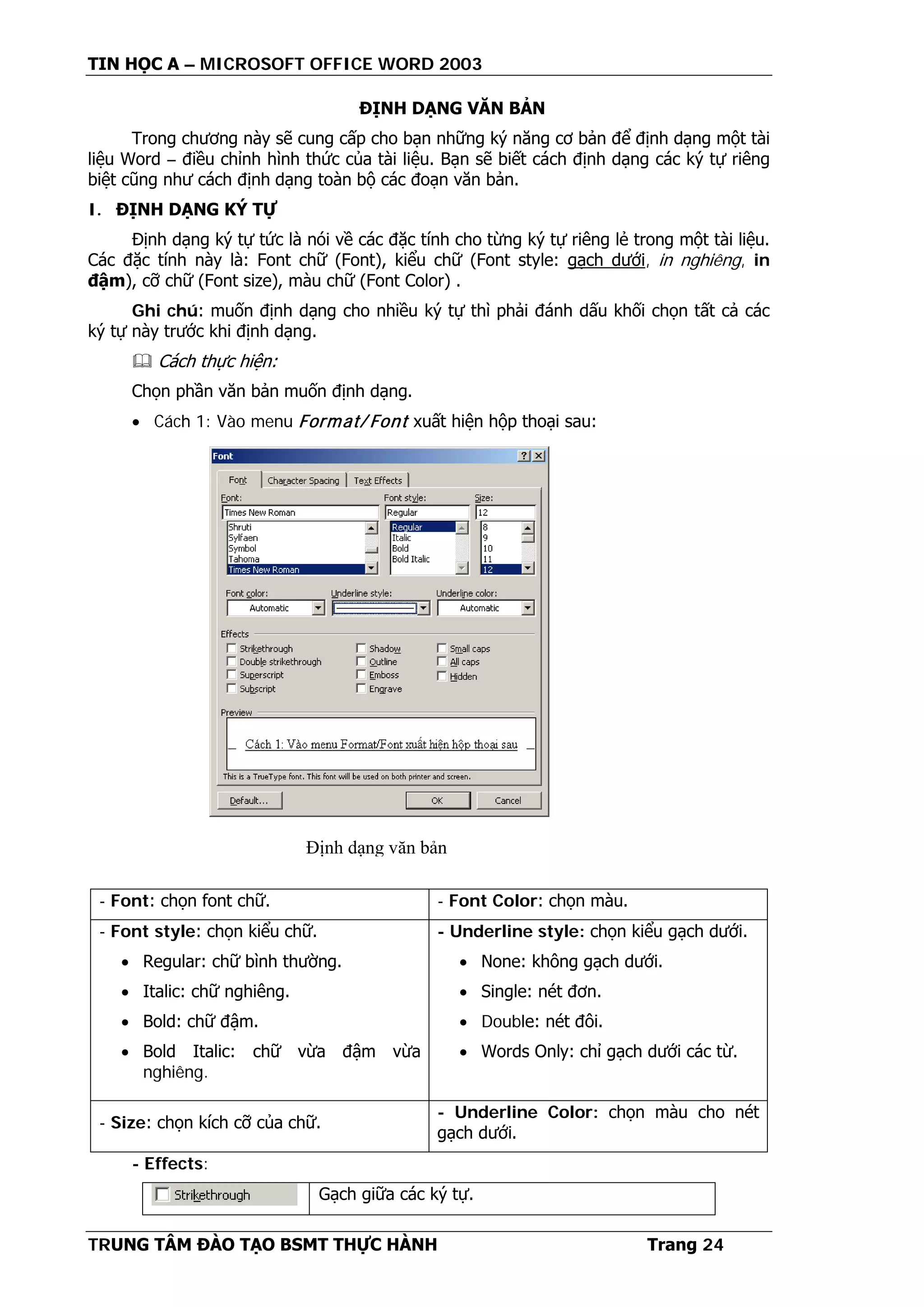 TIN HỌC A – MICROSOFT OFFICE WORD 2003
TRUNG TÂM ĐÀO TẠO BSMT THỰC HÀNH Trang 24
ĐỊNH DẠNG VĂN BẢN
Trong chương này sẽ cung cấp cho bạn những ký năng cơ bản để định dạng một tài
liệu Word – điều chỉnh hình thức của tài liệu. Bạn sẽ biết cách định dạng các ký tự riêng
biệt cũng như cách định dạng toàn bộ các đoạn văn bản.
I. ĐỊNH DẠNG KÝ TỰ
Định dạng ký tự tức là nói về các đặc tính cho từng ký tự riêng lẻ trong một tài liệu.
Các đặc tính này là: Font chữ (Font), kiểu chữ (Font style: gạch dưới, in nghiêng, in
đậm), cỡ chữ (Font size), màu chữ (Font Color) .
Ghi chú: muốn định dạng cho nhiều ký tự thì phải đánh dấu khối chọn tất cả các
ký tự này trước khi định dạng.
 Cách thực hiện:
Chọn phần văn bản muốn định dạng.
• Cách 1: Vào menu Format/ Font xuất hiện hộp thoại sau:
- Font: chọn font chữ. - Font Color: chọn màu.
- Font style: chọn kiểu chữ.
• Regular: chữ bình thường.
• Italic: chữ nghiêng.
• Bold: chữ đậm.
• Bold Italic: chữ vừa đậm vừa
nghiêng.
- Underline style: chọn kiểu gạch dưới.
• None: không gạch dưới.
• Single: nét đơn.
• Double: nét đôi.
• Words Only: chỉ gạch dưới các từ.
- Size: chọn kích cỡ của chữ.
- Underline Color: chọn màu cho nét
gạch dưới.
- Effects:
Gạch giữa các ký tự.
Định dạng văn bản
 
