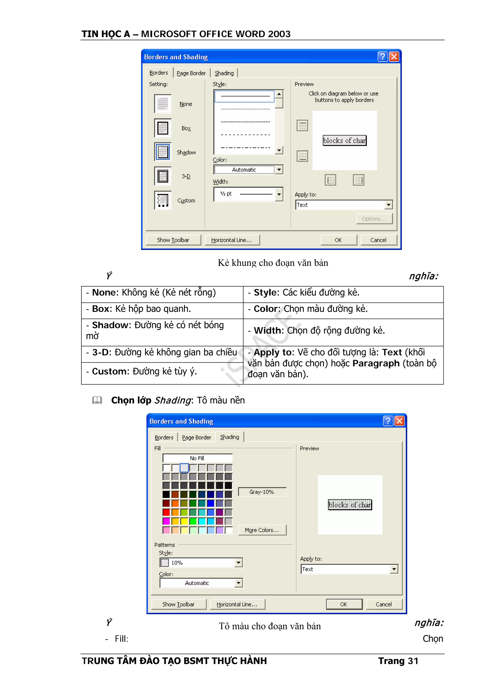 TIN HỌC A – MICROSOFT OFFICE WORD 2003
TRUNG TÂM ĐÀO TẠO BSMT THỰC HÀNH Trang 31
Ý nghĩa:
- None: Không kẻ (Kẻ nét rỗng) - Style: Các kiểu đường kẻ.
- Box: Kẻ hộp bao quanh. - Color: Chọn màu đường kẻ.
- Shadow: Đường kẻ có nét bóng
mờ
- Width: Chọn độ rộng đường kẻ.
- 3-D: Đường kẻ không gian ba chiều - Apply to: Vẽ cho đối tượng là: Text (khối
văn bản được chọn) hoặc Paragraph (toàn bộ
đoạn văn bản).- Custom: Đường kẻ tùy ý.
 Chọn lớp Shading: Tô màu nền
Ý nghĩa:
- Fill: Chọn
Kẻ khung cho đoạn văn bản
Tô màu cho đoạn văn bản
 