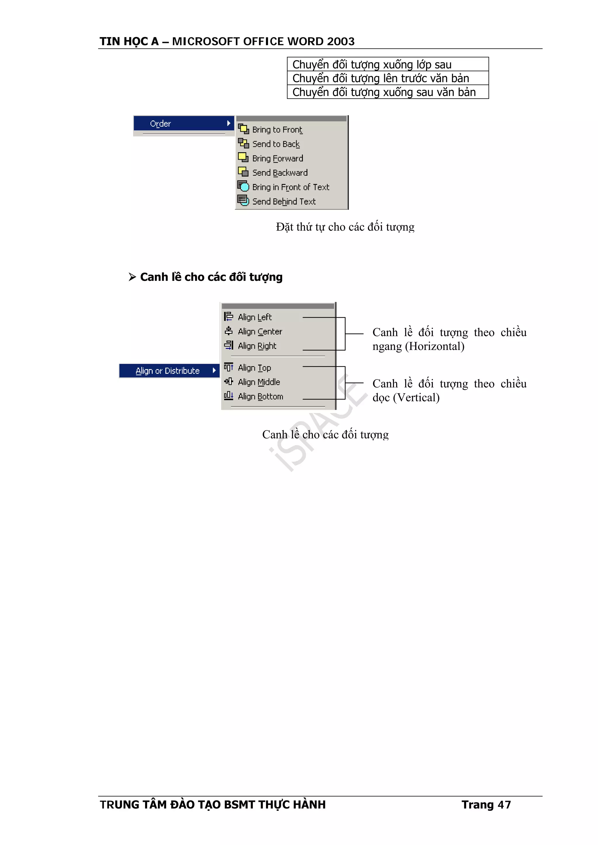 TIN HỌC A – MICROSOFT OFFICE WORD 2003
TRUNG TÂM ĐÀO TẠO BSMT THỰC HÀNH Trang 47
 Canh lề cho các đối tượng
Chuyển đối tượng xuống lớp sau
Chuyển đối tượng lên trước văn bản
Chuyển đối tượng xuống sau văn bản
Đặt thứ tự cho các đối tượng
Canh lề đối tượng theo chiều
ngang (Horizontal)
Canh lề đối tượng theo chiều
dọc (Vertical)
Canh lề cho các đối tượng
 