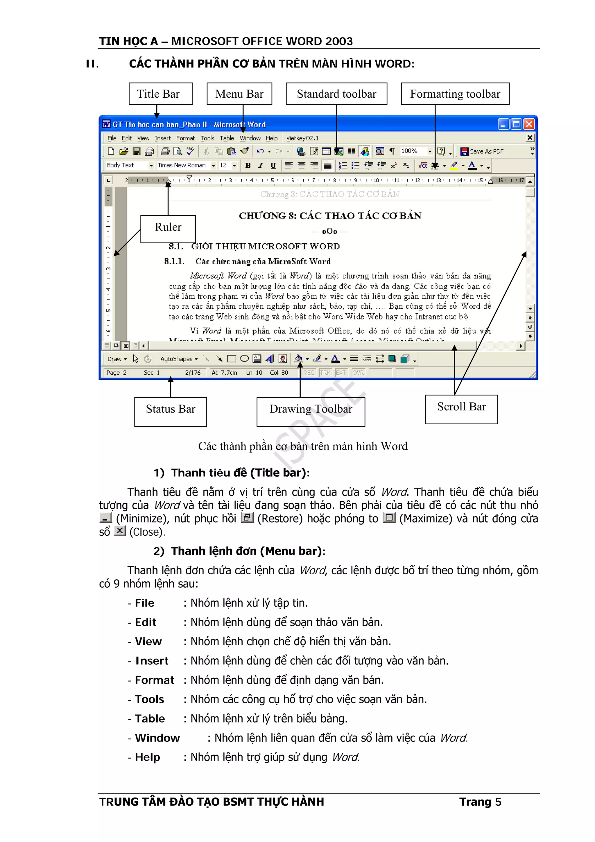 TIN HỌC A – MICROSOFT OFFICE WORD 2003
TRUNG TÂM ĐÀO TẠO BSMT THỰC HÀNH Trang 5
II. CÁC THÀNH PHẦN CƠ BẢN TRÊN MÀN HÌNH WORD:
1) Thanh tiêu đề (Title bar):
Thanh tiêu đề nằm ở vị trí trên cùng của cửa sổ Word. Thanh tiêu đề chứa biểu
tượng của Word và tên tài liệu đang soạn thảo. Bên phải của tiêu đề có các nút thu nhỏ
(Minimize), nút phục hồi (Restore) hoặc phóng to (Maximize) và nút đóng cửa
sổ (Close).
2) Thanh lệnh đơn (Menu bar):
Thanh lệnh đơn chứa các lệnh của Word, các lệnh được bố trí theo từng nhóm, gồm
có 9 nhóm lệnh sau:
- File : Nhóm lệnh xử lý tập tin.
- Edit : Nhóm lệnh dùng để soạn thảo văn bản.
- View : Nhóm lệnh chọn chế độ hiển thị văn bản.
- Insert : Nhóm lệnh dùng để chèn các đối tượng vào văn bản.
- Format : Nhóm lệnh dùng để định dạng văn bản.
- Tools : Nhóm các công cụ hổ trợ cho việc soạn văn bản.
- Table : Nhóm lệnh xử lý trên biểu bảng.
- Window : Nhóm lệnh liên quan đến cửa sổ làm việc của Word.
- Help : Nhóm lệnh trợ giúp sử dụng Word.
Title Bar Menu Bar Formatting toolbarStandard toolbar
Drawing Toolbar Scroll Bar
Ruler
Status Bar
Các thành phần cơ bản trên màn hình Word
 