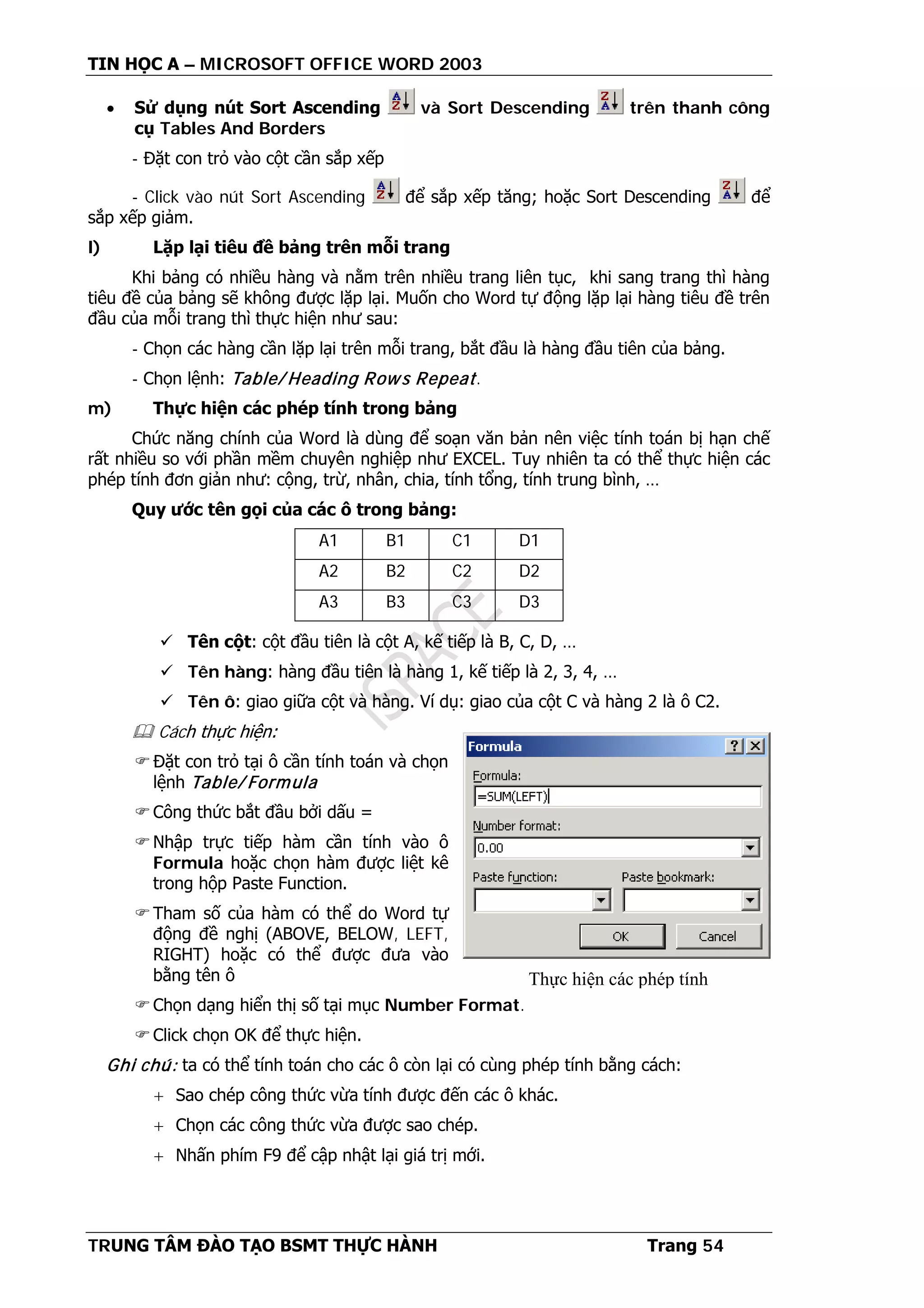 TIN HỌC A – MICROSOFT OFFICE WORD 2003
TRUNG TÂM ĐÀO TẠO BSMT THỰC HÀNH Trang 54
• Sử dụng nút Sort Ascending và Sort Descending trên thanh công
cụ Tables And Borders
- Đặt con trỏ vào cột cần sắp xếp
- Click vào nút Sort Ascending để sắp xếp tăng; hoặc Sort Descending để
sắp xếp giảm.
l) Lặp lại tiêu đề bảng trên mỗi trang
Khi bảng có nhiều hàng và nằm trên nhiều trang liên tục, khi sang trang thì hàng
tiêu đề của bảng sẽ không được lặp lại. Muốn cho Word tự động lặp lại hàng tiêu đề trên
đầu của mỗi trang thì thực hiện như sau:
- Chọn các hàng cần lặp lại trên mỗi trang, bắt đầu là hàng đầu tiên của bảng.
- Chọn lệnh: Table/ Heading Rows Repeat.
m) Thực hiện các phép tính trong bảng
Chức năng chính của Word là dùng để soạn văn bản nên việc tính toán bị hạn chế
rất nhiều so với phần mềm chuyên nghiệp như EXCEL. Tuy nhiên ta có thể thực hiện các
phép tính đơn giản như: cộng, trừ, nhân, chia, tính tổng, tính trung bình, …
Quy ước tên gọi của các ô trong bảng:
A1 B1 C1 D1
A2 B2 C2 D2
A3 B3 C3 D3
 Tên cột: cột đầu tiên là cột A, kế tiếp là B, C, D, …
 Tên hàng: hàng đầu tiên là hàng 1, kế tiếp là 2, 3, 4, …
 Tên ô: giao giữa cột và hàng. Ví dụ: giao của cột C và hàng 2 là ô C2.
 Cách thực hiện:
Đặt con trỏ tại ô cần tính toán và chọn
lệnh Table/ Formula
Công thức bắt đầu bởi dấu =
Nhập trực tiếp hàm cần tính vào ô
Formula hoặc chọn hàm được liệt kê
trong hộp Paste Function.
Tham số của hàm có thể do Word tự
động đề nghị (ABOVE, BELOW, LEFT,
RIGHT) hoặc có thể được đưa vào
bằng tên ô
Chọn dạng hiển thị số tại mục Number Format.
Click chọn OK để thực hiện.
Ghi chú: ta có thể tính toán cho các ô còn lại có cùng phép tính bằng cách:
+ Sao chép công thức vừa tính được đến các ô khác.
+ Chọn các công thức vừa được sao chép.
+ Nhấn phím F9 để cập nhật lại giá trị mới.
Thực hiện các phép tính
 