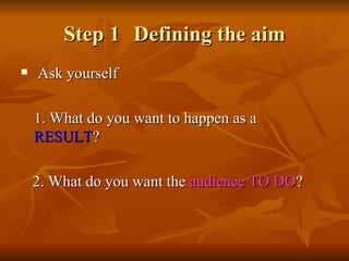 Step 1 Defining the aim Ask yourself  1. What do you want to happen as a  RESULT ? 2. What do you want the  audience TO DO ? 