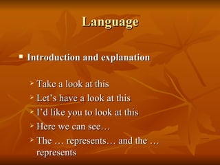 Language Introduction and explanation Take a look at this Let’s have a look at this I’d like you to look at this Here we can see… The … represents… and the … represents 