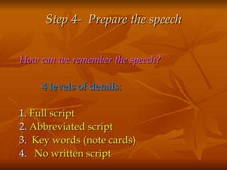 Step 4-  Prepare the speech How can we remember the speech?  4 levels of details:  1.  Full script   2.  Abbreviated script  3.  Key words (note cards) 4.  No written script 