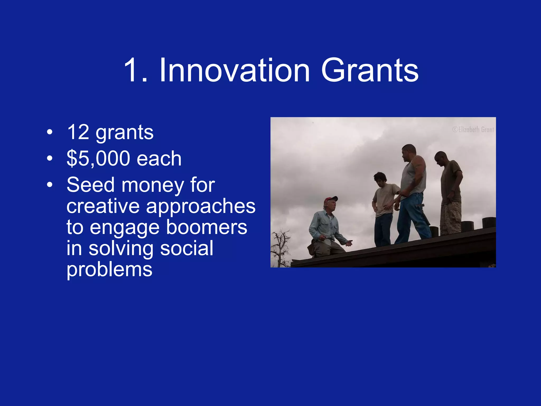 1. Innovation Grants 12 grants $5,000 each Seed money for creative approaches to engage boomers in solving social problems 