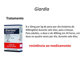 Giardia
Tratamento
8 a 10mg por kg de peso por dia (máximo de
400mgldia) durante sete dias, para crianças.
Para adultos, a dose e de 400mg em 24 horas, em
duas ou quatro vezes por dia, durante sete dias;
resistência ao medicamento
 