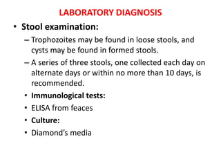 LABORATORY DIAGNOSIS
• Stool examination:
– Trophozoites may be found in loose stools, and
cysts may be found in formed stools.
– A series of three stools, one collected each day on
alternate days or within no more than 10 days, is
recommended.
• Immunological tests:
• ELISA from feaces
• Culture:
• Diamond’s media
 