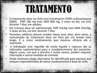 TRATAMENTO
• O tratamento deve ser feito com trimetoprim (TMP)-sulfametoxazol
  (SMX) - TMP 160 mg mais SMX 800 mg, 2 vezes ao dia, via oral,
  durante 7 dias, em adultos.
• Em crianças deve ser administrado TMP 5m/Kg mais SMX 25m/Kg,
  2 vezes ao dia, via oral, durante 7 dias.
• Pacientes aidéticos devem receber doses mais altas, bem como, a
  manutenção do tratamento deve ser feita por um tempo mais
  longo. É o único medicamento que mostrou eficácia até o
  momento.
• A hidratação oral, ingestão de muito líquido e repouso são as
  indicações suplementares para o restabelecimento dos pacientes.
  Alguns casos, em que a diarréia é muito severa, podem requerer
  internação e outras medidas de controle.
• Ainda nenhuma droga alternativa foi identificada para pessoas que
  estejam impossibilitadas de tomar medicamentos à base de sulfa.

                           Colorado do Oeste 2013                10
 