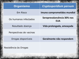 Organismo                         Cryptosporidium parvum

           Em Risco                     Imuno comprometidos mundial
                                           Seroprevalancência 30% nos
    Os humanos infectados
                                                      EUA
      Resultado doença                     Vida prolongada, ameaçada

    Perspectivas de vacinas

      Drogas disponíveis                   Geralmente não respondem


Resistência às Drogas


                           Colorado do Oeste 2013                       8
 
