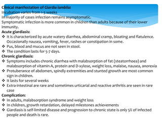 Clinical manifestation of Giardia lamblia:
Incubation varies from 1-3 weeks
In majority of cases infection remains asymptomatic.
Symptomatic infection is more common in children than adults because of their lower
immunity.
Acute giardiasis:
 It is characterized by acute watery diarrhea, abdominal cramp, bloating and flatulence.
Occasionally nausea, vomiting, fever, rashes or constipation in some.
 Pus, blood and mucus are not seen in stool.
 The condition lasts for 5-7 days.
Chronic giardiasis:
 Symptoms includes chronic diarrhea with malabsorption of fat (steatorrhoea) and
malabsorption of vitamin A, protein and D-xylose, weight loss, malaise, nausea, anorexia
 Protuberance of abdomen, spindly extremities and stunted growth are most common
sign in children.
 It lasts for several weeks
 Extra-intestinal are rare and sometimes urticarial and reactive arthritis are seen in rare
case
Complication:
 In adults, malabsorption syndrome and weight loss
 In children, growth retardation, delayed milestones achievements
 Giardiasis is self-limited disease and progression to chronic state is only 5% of infected
people and death is rare.
 