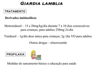 Giardia lambliaGiardia lamblia
TRATAMENTO
Derivados imidazólicos
Metronidazol – 15 a 20mg/kg/dia durante 7 a 10 dias consecutivos
para crianças; para adultos 250mg 2x/dia
Tinidazol – 1g/dia dose única para crianças; 2g /dia VO para adultos
PROFILAXIA
Medidas de saneamento básico e educação para saúde
Outras drogas – nitazoxanida
 