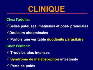 CLINIQUE
Chez l’adulte:
Selles pâteuses, matinales et post- prandiales
Douleurs abdominales
 Parfois une véritable duodénite parasitaire
Chez l’enfant:
 Troubles plus intenses
 Syndrome de malabsorption intestinale
 Perte de poids
 
