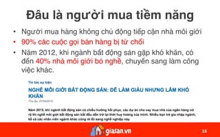 Đâu là người mua tiềm năng
•  Người mua hàng không chủ động tiếp cận nhà môi giới
•  90% các cuộc gọi bán hàng bị từ chối
•  Năm 2012, khi ngành bất động sản gặp khó khăn, có
đến 40% nhà môi giới bỏ nghề, chuyển sang làm công
việc khác.
16	
 