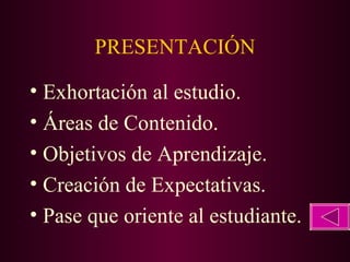 PRESENTACIÓN Exhortación al estudio. Áreas de Contenido. Objetivos de Aprendizaje. Creación de Expectativas. Pase que oriente al estudiante. 