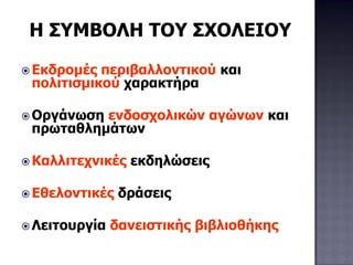 Η ΣΥΜΒΟΛΗ ΤΟΥ ΣΧΟΛΕΙΟΥ
 Εκδρομές περιβαλλοντικού και
πολιτισμικού χαρακτήρα
 Οργάνωση ενδοσχολικών αγώνων και
πρωταθλημάτων
 Καλλιτεχνικές εκδηλώσεις
 Εθελοντικές δράσεις
 Λειτουργία δανειστικής βιβλιοθήκης
 