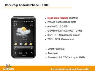 Rock-chip Android Phone – K380



                              Rock-chip RK2818 660MHz
                              256MB RAM+512MB ROM
                              Android 2.1/2.3 OS
                              GSM850/900/1800/1900，GPRS
                              3.5“ TFT + Capacitance screen
                              WIFI、GPS, G-sensor etc.



                              200MP Camera
                              Touchpad
                              Bluetooth 2.0 TF-Card up to 32GB
 