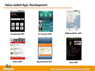 Value-added App. Development




                                       功 能



   FoodGuide APP      TV Control APP     PBRmeASAP APP




     Salon APP       SquareTrade APP         Beer APP
 