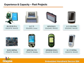 Experience & Capacity – Past Projects




  酒店管理 PDA           电子书             GPS导航仪          名片识别 PDA
 S3c2416, WinCE   S3c2443, Linux   S3c2440, WinCE   S3c2442, WinCE




  条码扫描PDA          GPS导航手机         GPS数据采集仪          电力手持PDA
 PXA270, WinCE    PXA270, Mobile   S3c2416, WinCE   S3c2416, WinCE
 