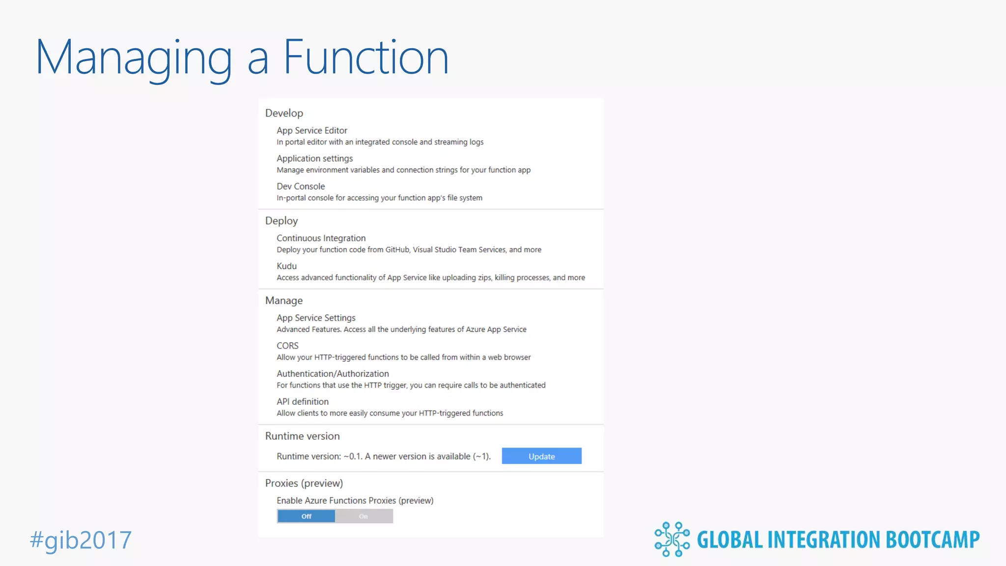 #gib2017 Managing a Function 