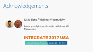 Acknowledgements
Miao Jiang / Vladimir Vinogradsky
Bolster your digital transformation with Azure API
Management
 