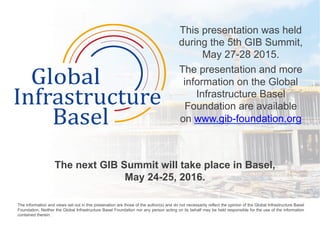 This presentation was held
during the 5th GIB Summit,
May 27-28 2015.
The presentation and more
information on the Global
Infrastructure Basel
Foundation are available
on www.gib-foundation.org
	
  
The next GIB Summit will take place in Basel,
May 24-25, 2016.
	
  
The information and views set out in this presenation are those of the author(s) and do not necessarily reflect the opinion of the Global Infrastructure Basel
Foundation. Neither the Global Infrastructure Basel Foundation nor any person acting on its behalf may be held responsible for the use of the information
contained therein. 	
  
 