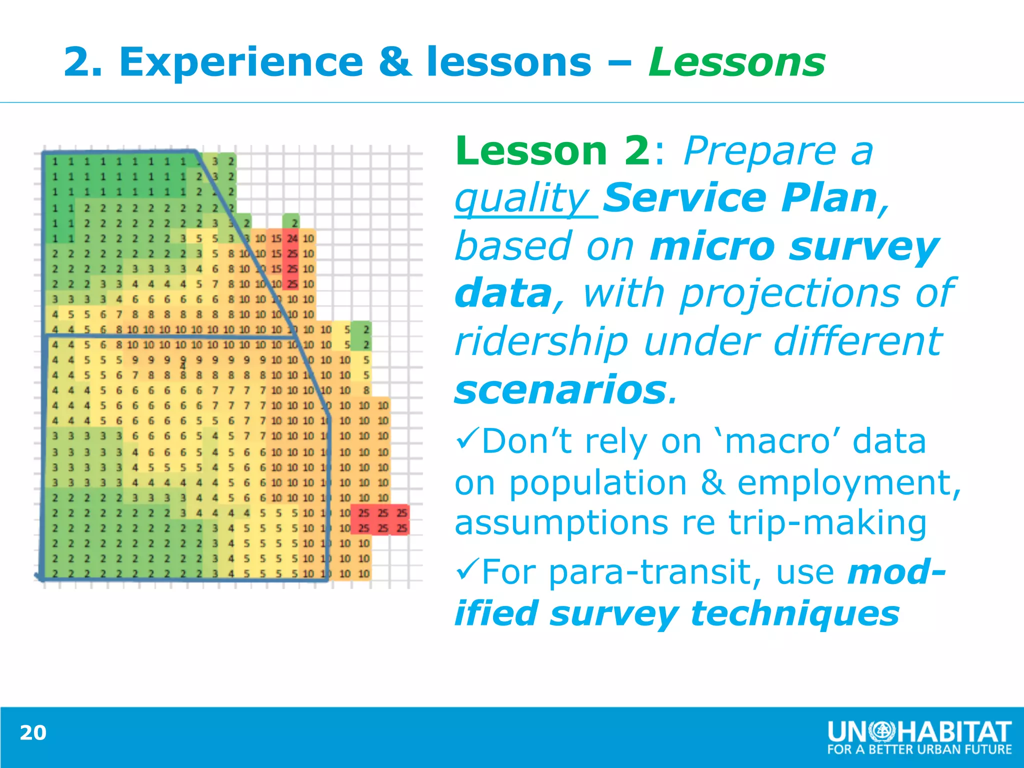 2. Experience & lessons – Lessons
Lesson 2: Prepare a
quality Service Plan,
based on micro survey
data, with projections of
ridership under different
scenarios.
ü Don’t rely on ‘macro’ data
on population & employment,
assumptions re trip-making
ü For para-transit, use mod-
ified survey techniques
20
 