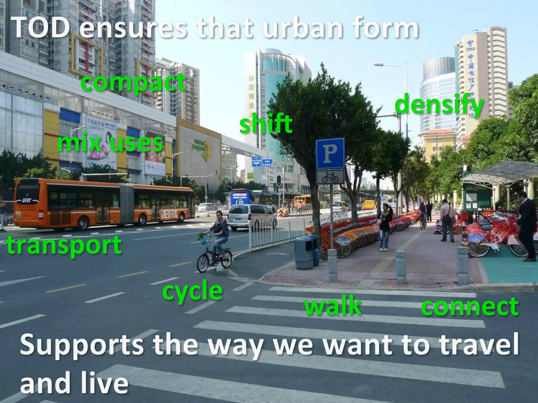 transport	
  
walk	
  
cycle	
  
densify	
  
connect	
  
compact	
  
shiP	
  
mix	
  uses	
  
 