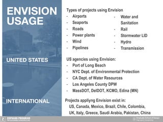 Types of projects using Envision
-  Airports
-  Seaports
-  Roads
-  Power plants
-  Wind
-  Pipelines
US agencies using Envision:
-  Port of Long Beach
-  NYC Dept. of Environmental Protection
-  CA Dept. of Water Resources
-  Los Angeles County DPW
-  MassDOT, DelDOT, KCMO, Edina (MN)
-  Water and
Sanitation
-  Rail
-  Stormwater LID
-  Hydro
-  Transmission
ENVISION
USAGE
UNITED STATES
INTERNATIONAL
 Projects appliyng Envision exist in:
US, Canada, Mexico, Brazil, Chile, Colombia,
UK, Italy, Greece, Saudi Arabia, Pakistan, China
 