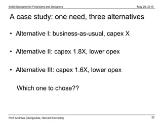 Solid Standards for Financiers and Designers
22
May 28, 2015
Prof. Andreas Georgoulias, Harvard University
A case study: one need, three alternatives
•  Alternative I: business-as-usual, capex X
•  Alternative II: capex 1.8X, lower opex
•  Alternative III: capex 1.6X, lower opex
Which one to chose??
 