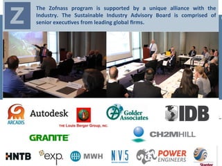 C
The	
   Zofnass	
   program	
   is	
   supported	
   by	
   a	
   unique	
   alliance	
   with	
   the	
  
Industry.	
   The	
   Sustainable	
   Industry	
   Advisory	
   Board	
   is	
   comprised	
   of	
  
senior	
  execuAves	
  from	
  leading	
  global	
  ﬁrms.	
  	
  
	
  
	
  
	
  
 