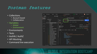 Postman features
• Collections
• Account based
• Collaboration
• Variables
• Global
• Environment
• Environments
• Tests
• AuthN / AuthZ
• API Mocking
• Command line execution
 