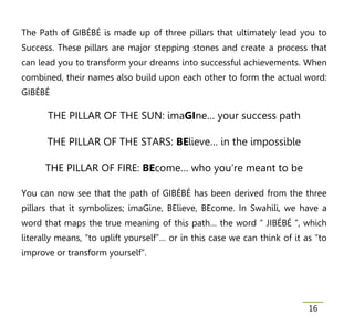 The Path of GIBÉBÉ is made up of three pillars that ultimately lead you to
Success. These pillars are major stepping stones and create a process that
can lead you to transform your dreams into successful achievements. When
combined, their names also build upon each other to form the actual word:
GIBÉBÉ

      THE PILLAR OF THE SUN: imaGIne… your success path

      THE PILLAR OF THE STARS: BElieve… in the impossible

      THE PILLAR OF FIRE: BEcome… who you’re meant to be

You can now see that the path of GIBÉBÉ has been derived from the three
pillars that it symbolizes; imaGine, BElieve, BEcome. In Swahili, we have a
word that maps the true meaning of this path… the word “ JIBÉBÉ ”, which
literally means, “to uplift yourself”… or in this case we can think of it as “to
improve or transform yourself”.




                                                                           16
 
