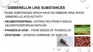 GIBBERELLIN LIKE SUBSTANCES
• SOME SUBSTANCES WHICH HAVE NO GIBBANE RING SHOW
GIBBERELLIC ACID ACTIVITY
• HELMINTHOSPORAL- EXTRACTED FROM FUNGUS
HELMINTHOSPORIUM SATIVUM
• PHASEOLIC ACID – FROM SEEDS OF PHASEOLUS
• ECDYSONE – STEROID HORMONE OF INSECTS
 