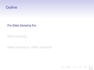 Outline

Pre Gibbs Sampling Era

Gibbs Sampling

Gibbs Sampling vs. REML and BLUP

2 / 18

 